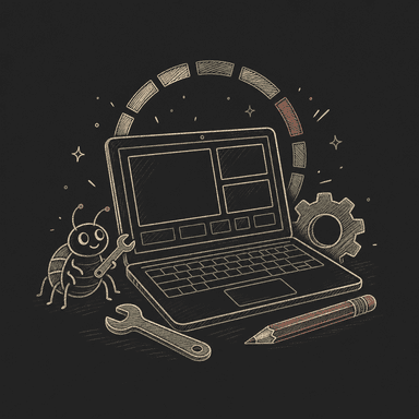 Laptop, tools, and a friendly bug representing beta development