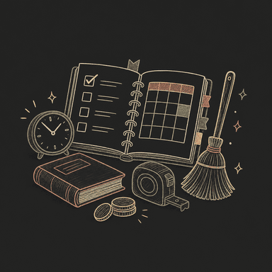 Planner, clock, school book, broom, and coins representing organized work