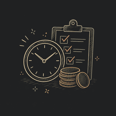 Clock, checklist, and coins representing worktime payment tracking