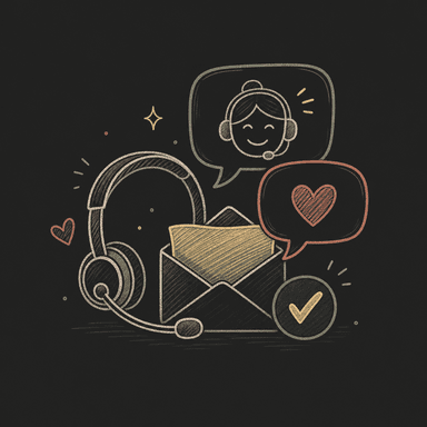Headset, message bubbles, and envelope representing customer support